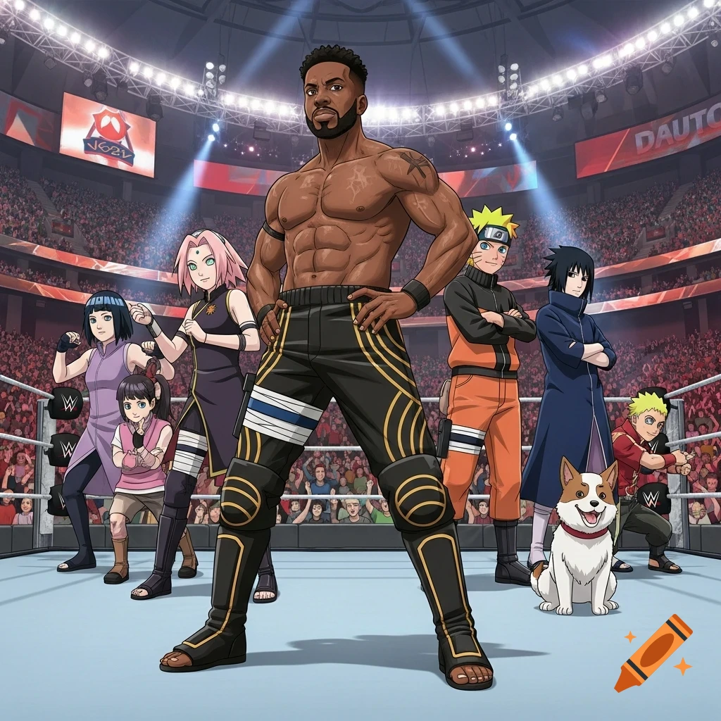A muscular black man, anime characters including Naruto, Sakura, Sasuke, Hinata, a child, and a Corgi dog stand in a wrestling ring before a crowd.