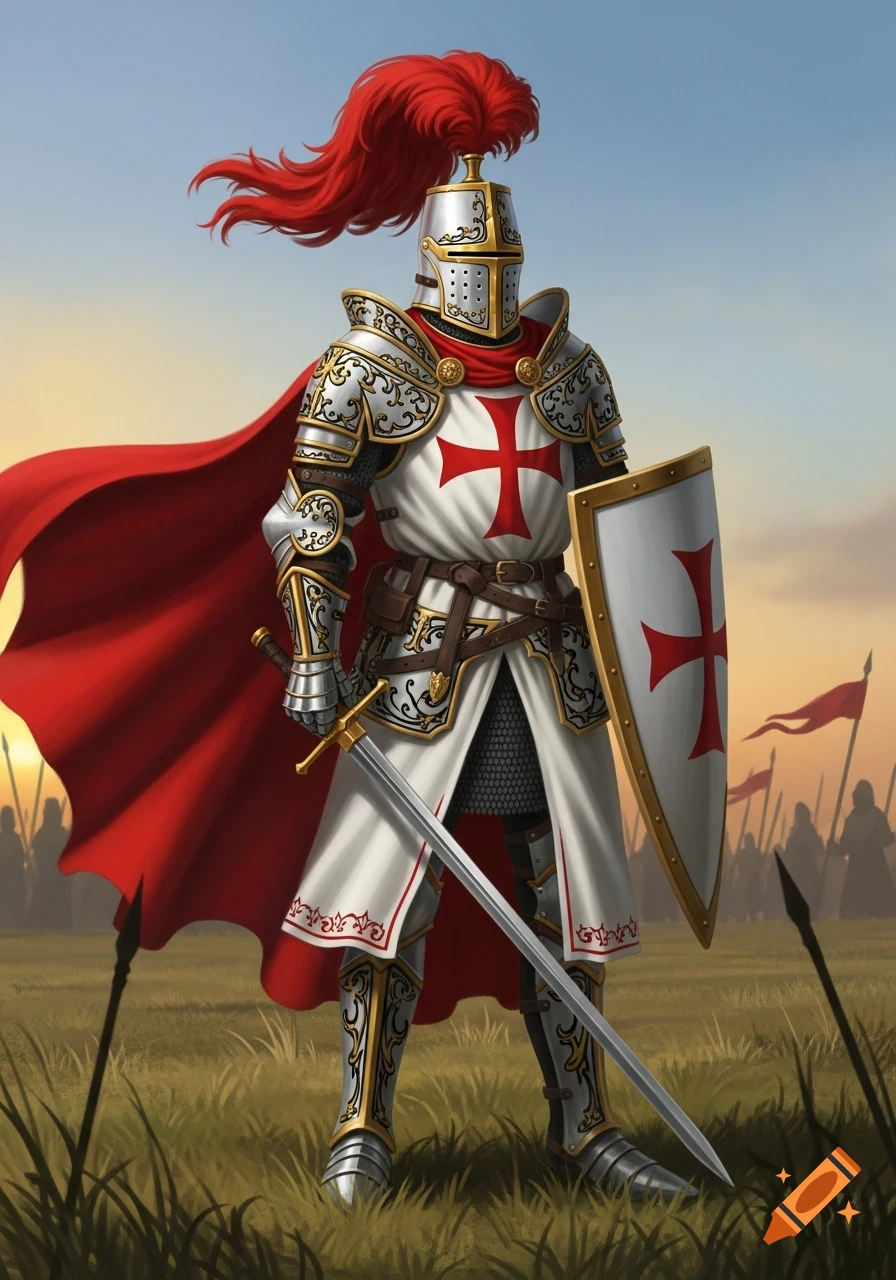 A full-body illustration of a Templar knight in ornate white, gold, and silver plate armor, with a red cape and plume, holding a sword and shield in a grassy field.