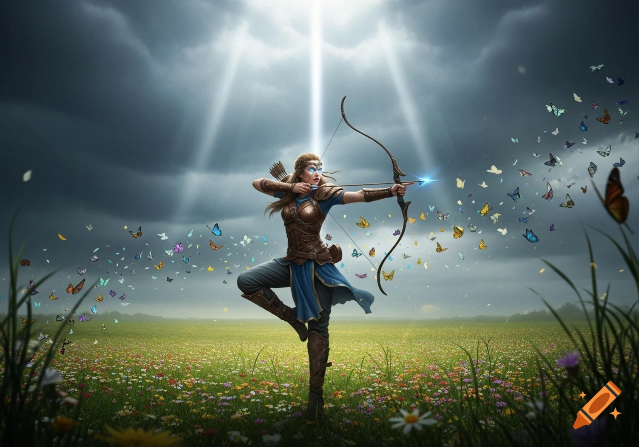 A female archer in a fantasy outfit aims her bow in a vibrant flower meadow filled with butterflies, under a stormy sky dramatically lit by sunbeams.