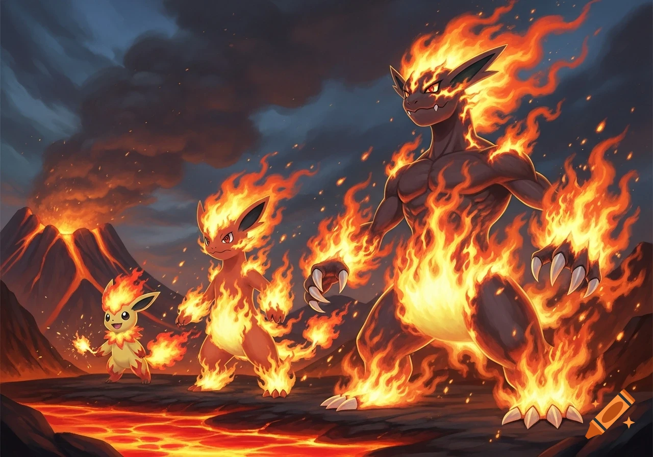 Three fire-type creature evolutions on a lava field with an erupting volcano under a stormy sky, in an anime style.