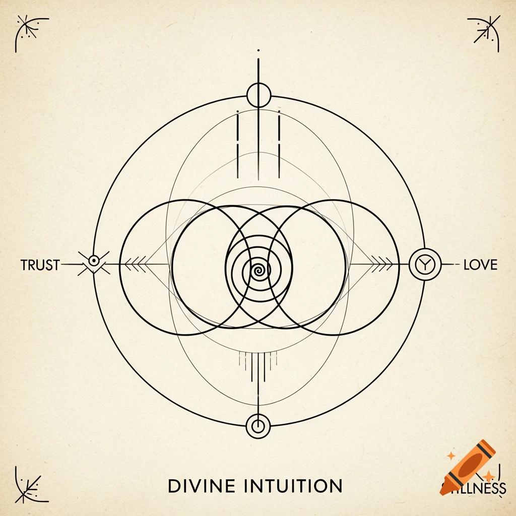 Minimalist sacred geometry sigil on parchment. Features a central spiral, circles, arrows labeled 'TRUST' and 'LOVE', and text 'DIVINE INTUITION' and 'STILLNESS'.