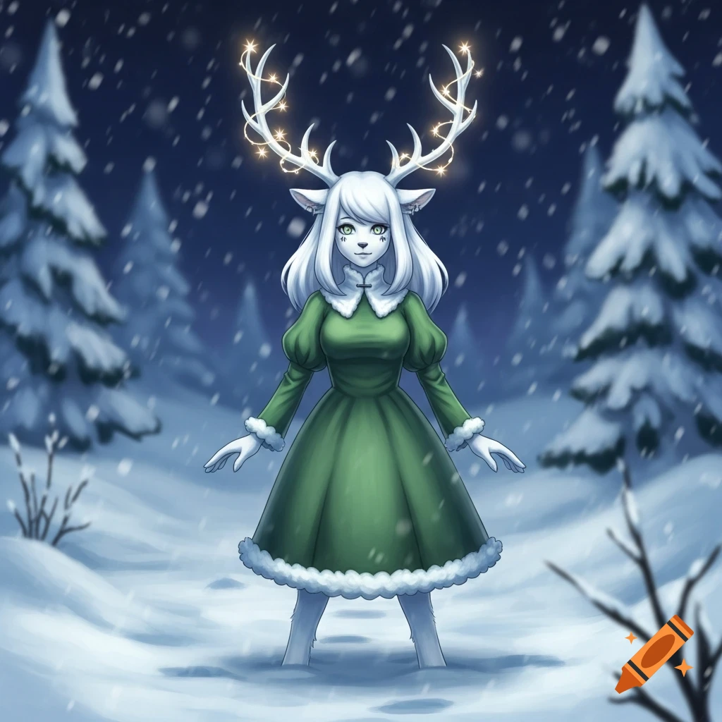 An anime-style deer girl with glowing antlers and a green dress stands in a snowy forest.