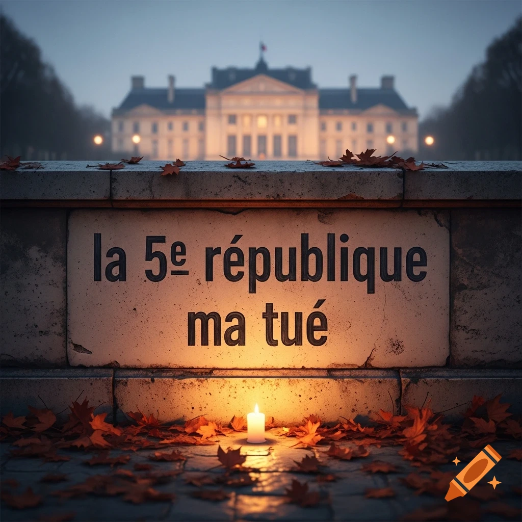 A glowing candle and autumn leaves rest before a stone slab inscribed with "la 5e république ma tué" (the 5th republic killed me), with a grand, illuminated building in the blurred background under a twilight sky.