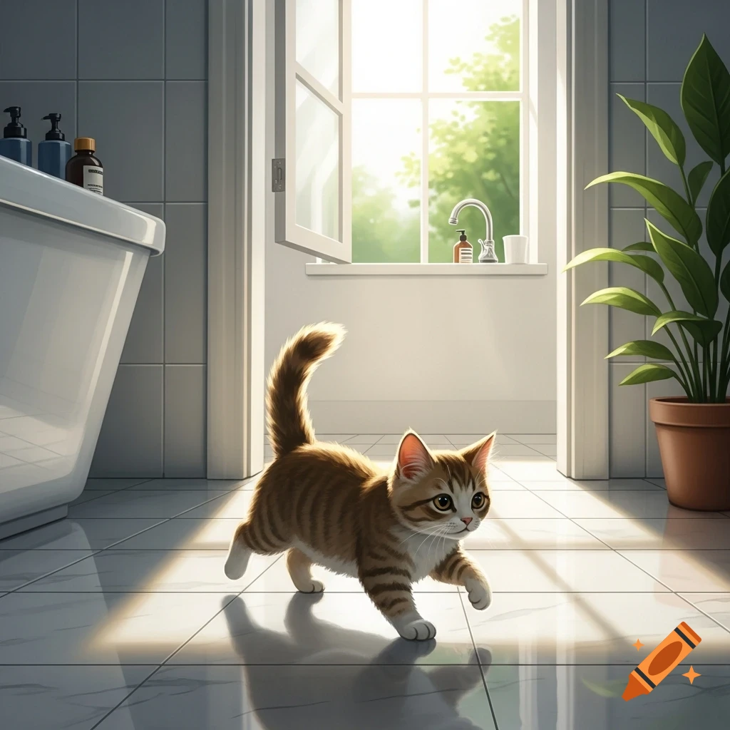 A small tabby kitten walks across a sunlit white tiled bathroom floor near a tub and window.