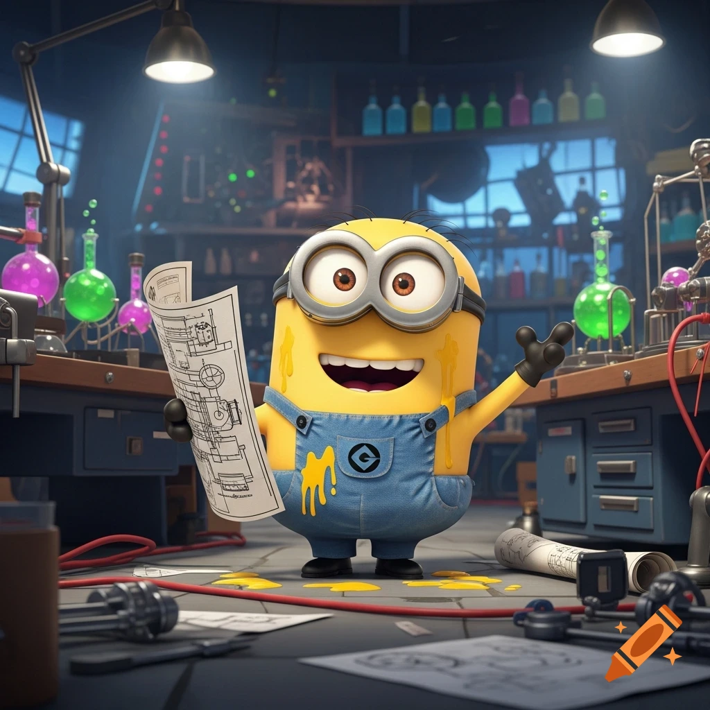 A smiling Minion in blue overalls holds up a detailed blueprint in a cluttered, brightly lit laboratory filled with colorful beakers and equipment.