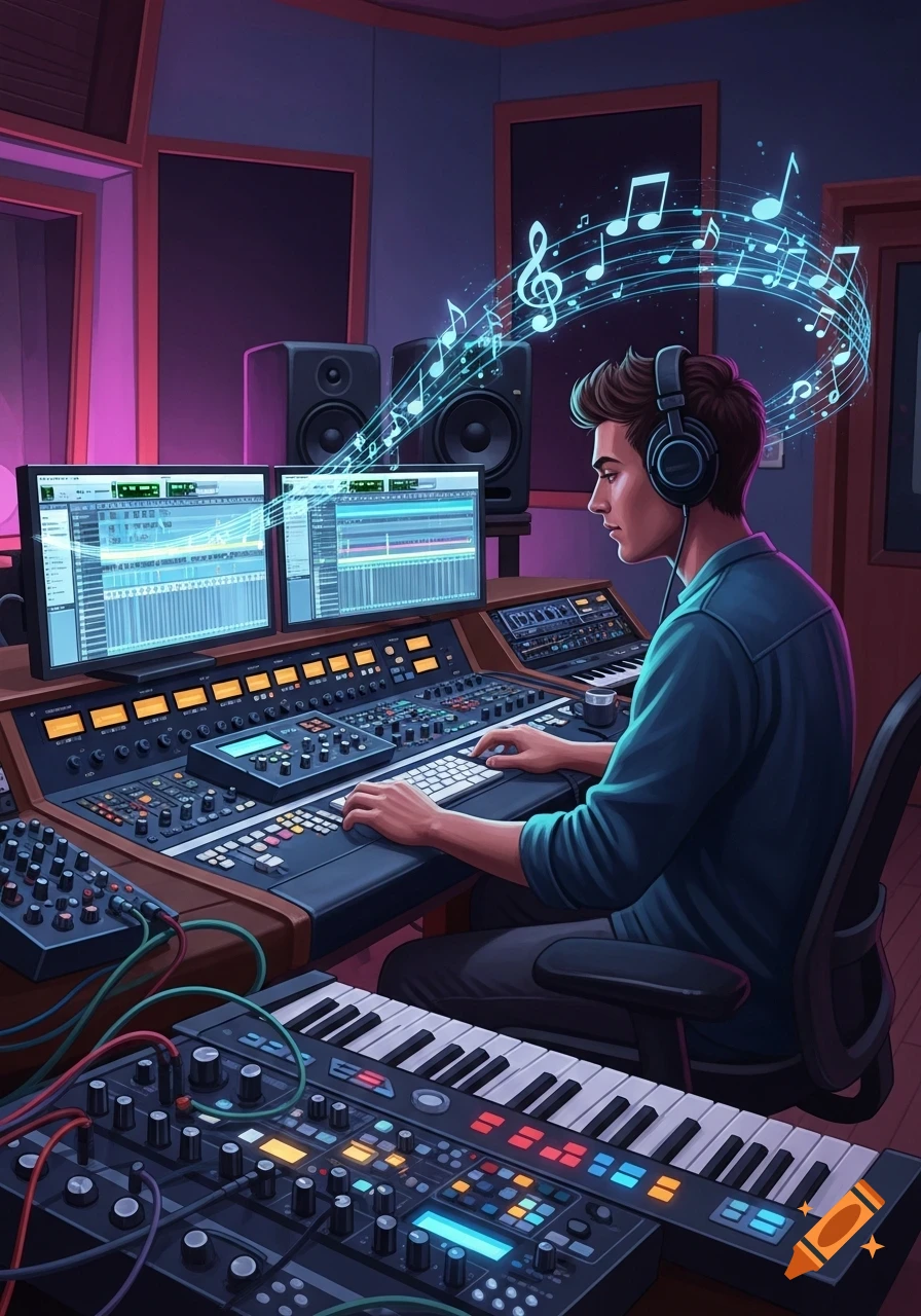 A man with headphones works intently at a sound mixing console and multiple computer monitors in a vibrant, stylized recording studio, with glowing musical notes floating above his head.