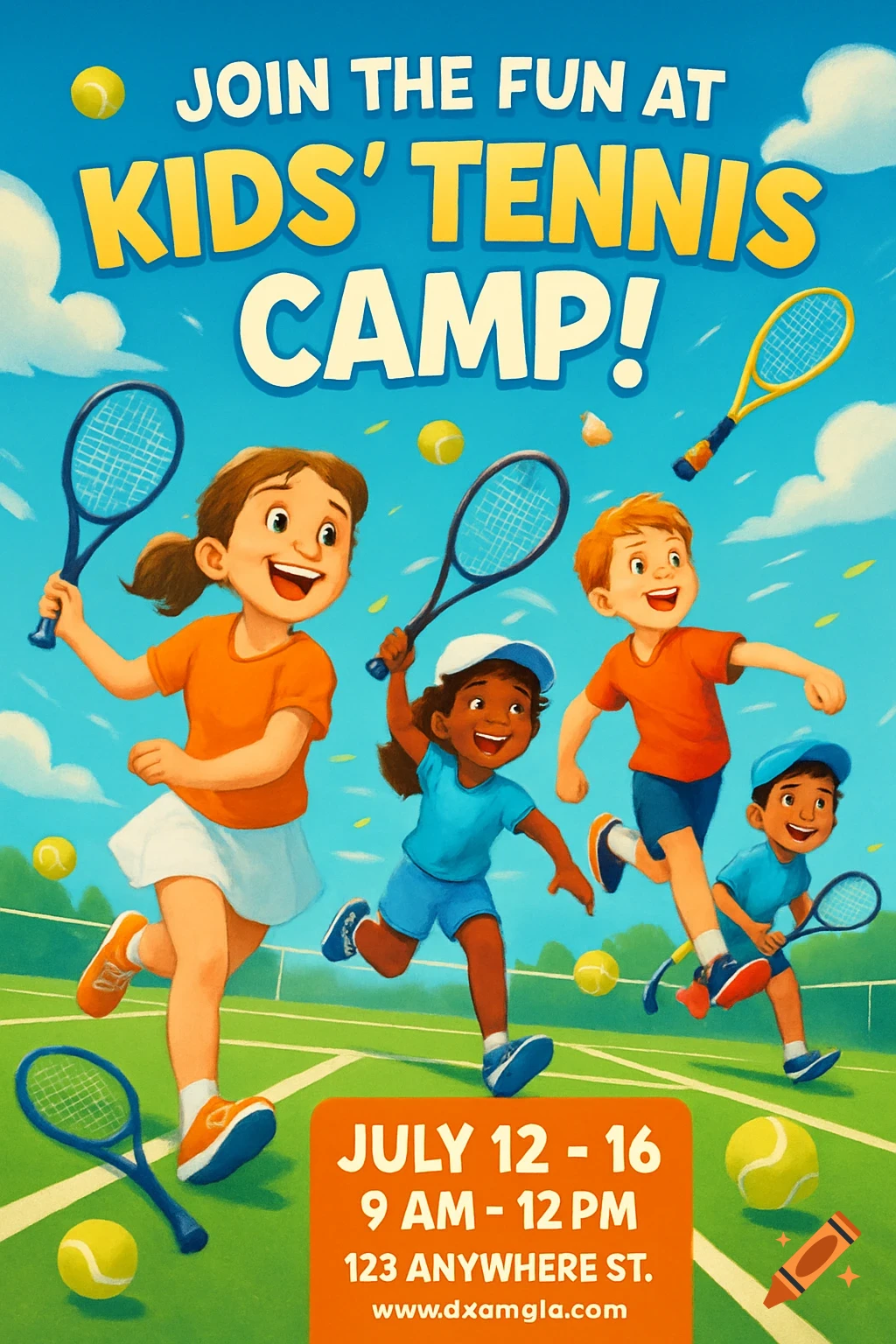 Colorful cartoon poster for a kids' tennis camp, showing diverse children happily running on a tennis court with rackets and tennis balls.