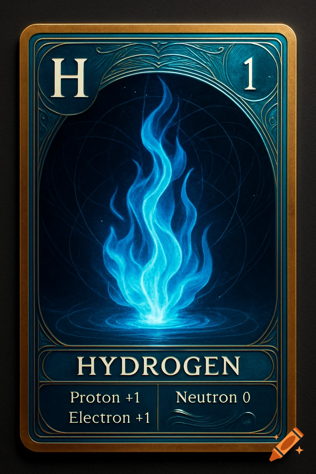 A collector card for Hydrogen, featuring a vibrant blue hydrogen flame, the symbol 'H', atomic number '1', and text detailing its subatomic particles.