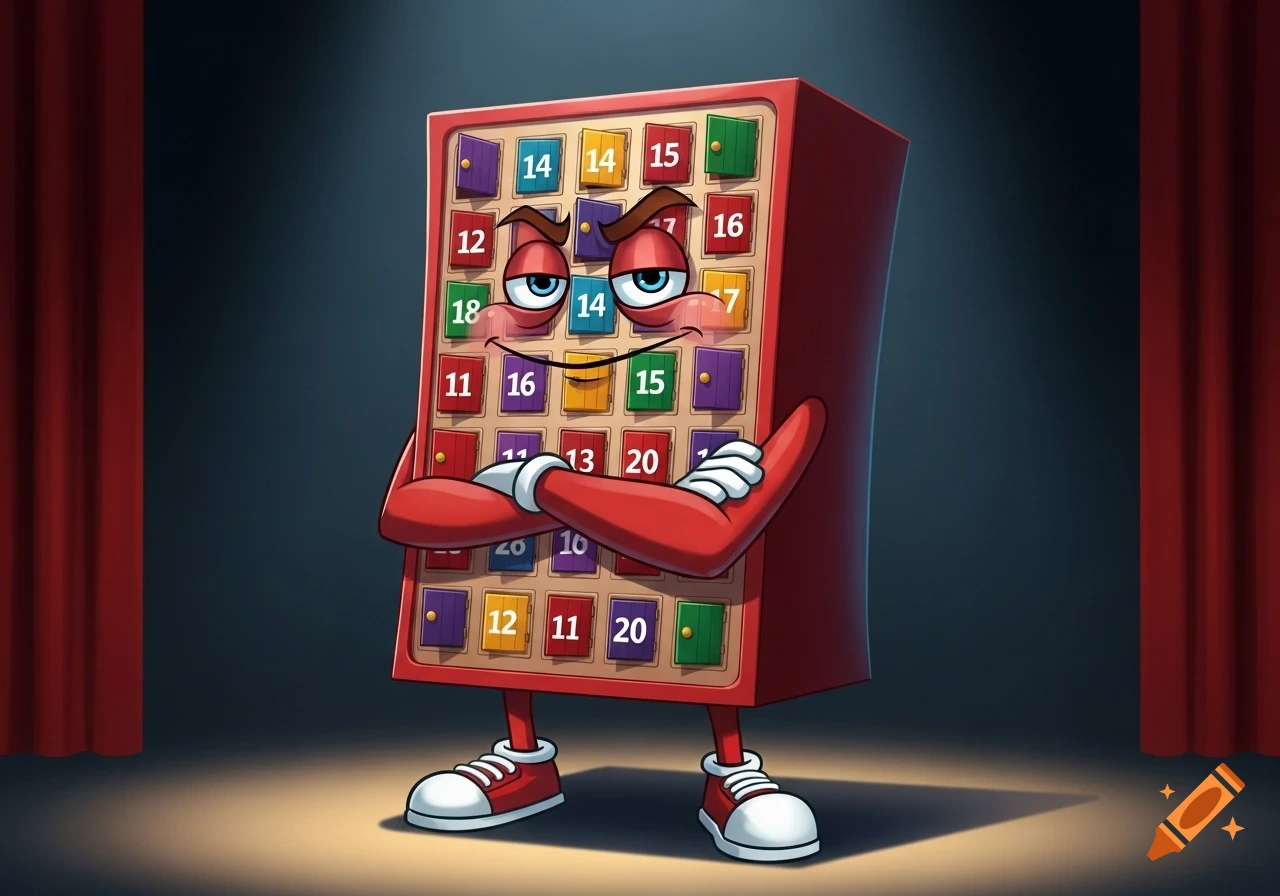 A sarcastic, anthropomorphic red advent calendar character with crossed arms, sneakers, and a superior expression stands on a spotlighted stage.