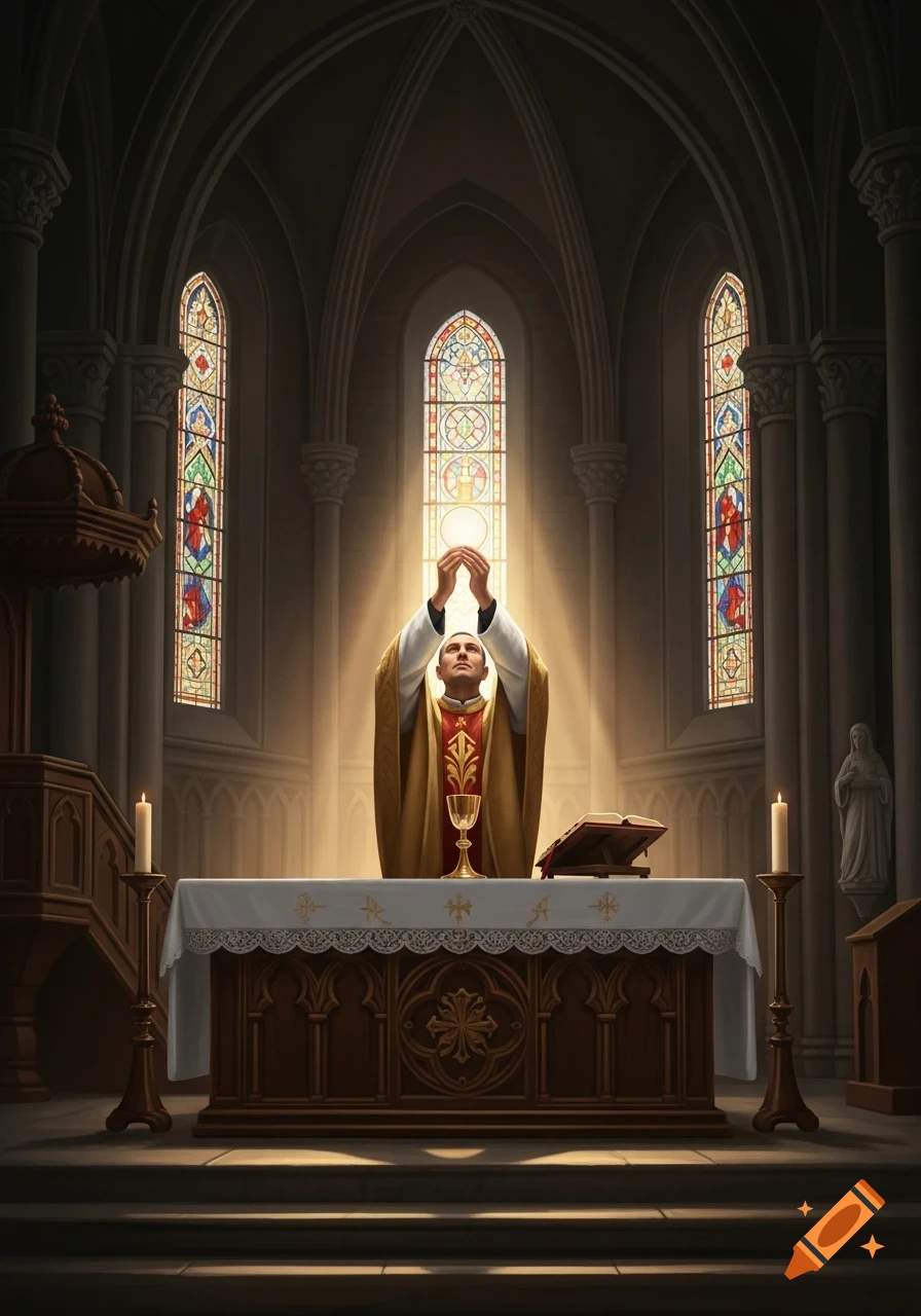 A priest in golden vestments raises a host during mass in a dimly lit church with stained glass windows.
