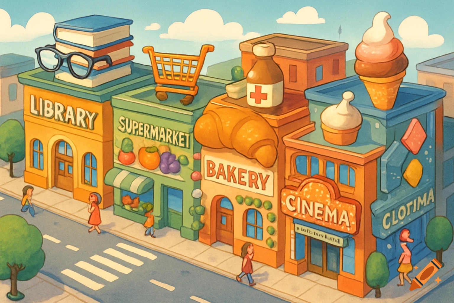 An isometric cartoon street scene with various shops like a library, supermarket, bakery, and cinema, with people walking on the sidewalk.