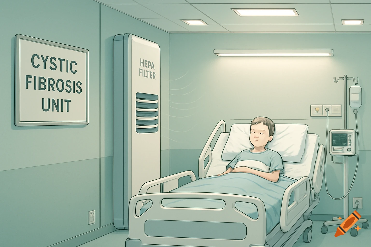 An illustration shows a child lying in a hospital bed in a room with a "CYSTIC FIBROSIS UNIT" sign and a HEPA filter.
