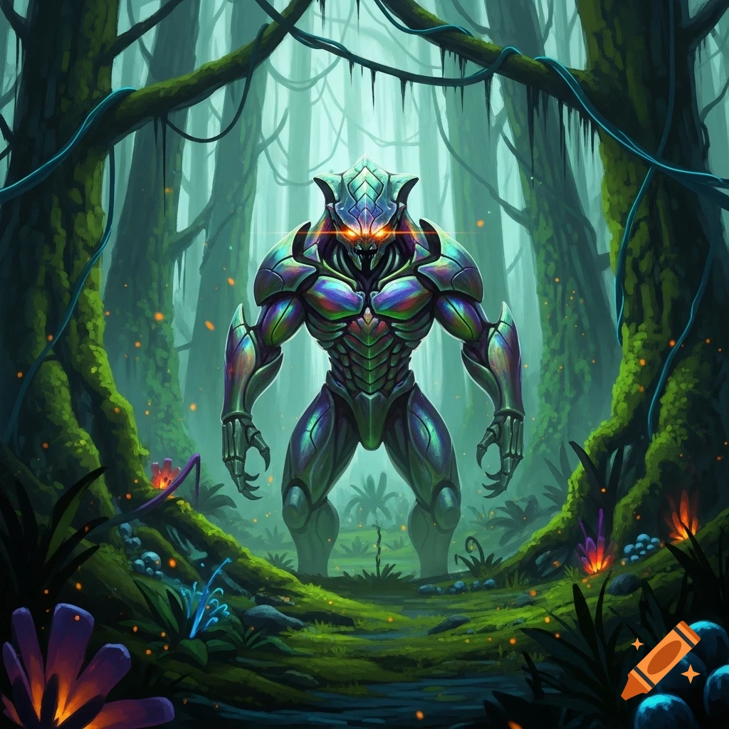 An iridescent, armored alien with glowing orange eyes stands in a vibrant, glowing jungle environment.