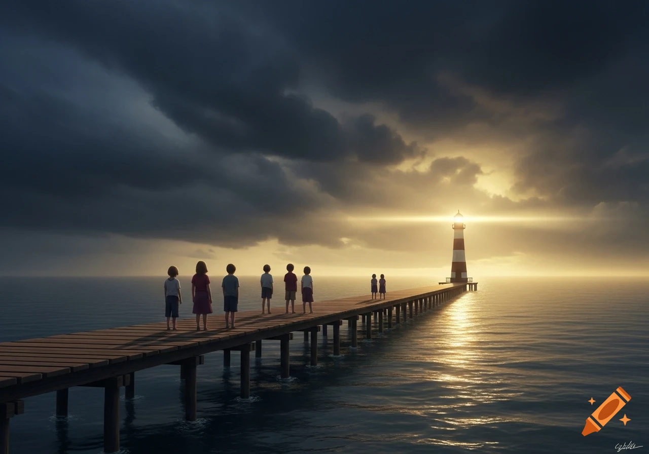 Photorealistic image of children on a pier leading to a glowing lighthouse under a dramatic sky with dark clouds and golden light.