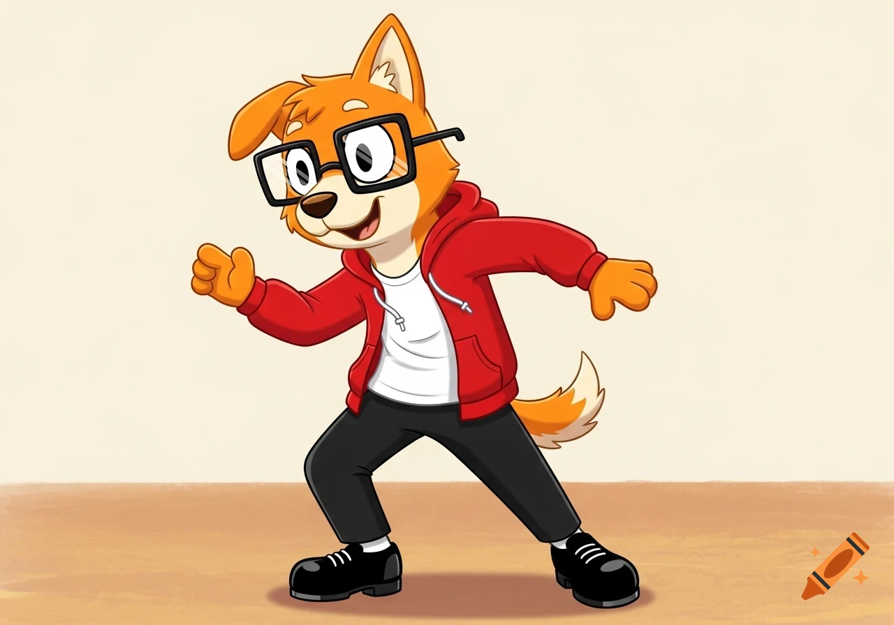 A happy anthropomorphic orange cartoon dog with black eyeglasses, red hoodie, and black pants, in a tap dancing pose.
