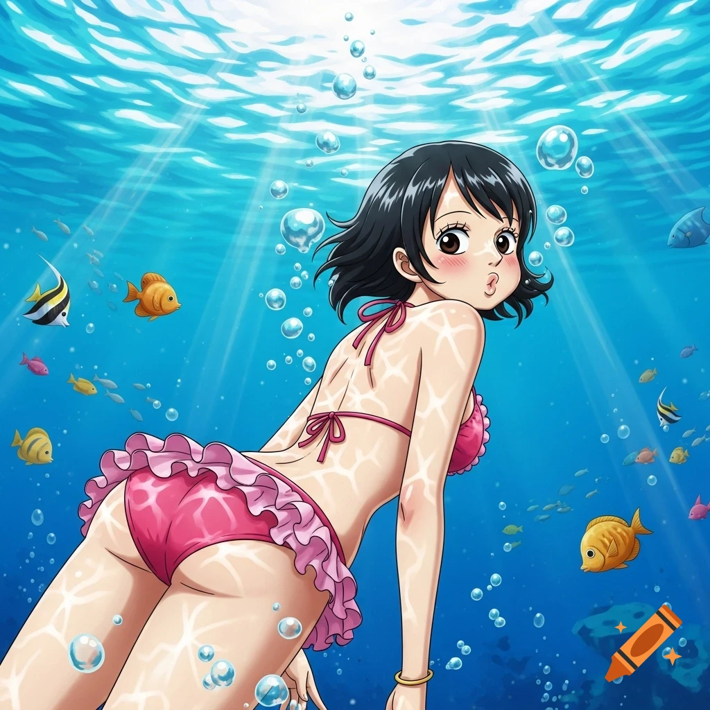 Anime woman in a pink frilly bikini, swimming underwater, looking back with puffed cheeks as fish swim around her.