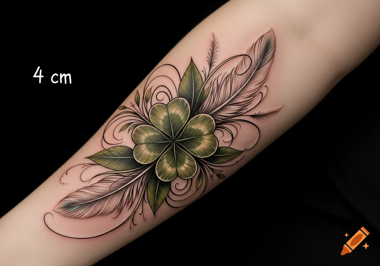 A realistic tattoo of a green four-leaf clover surrounded by leaves and white feathers on a person's arm, with "4 cm" text.