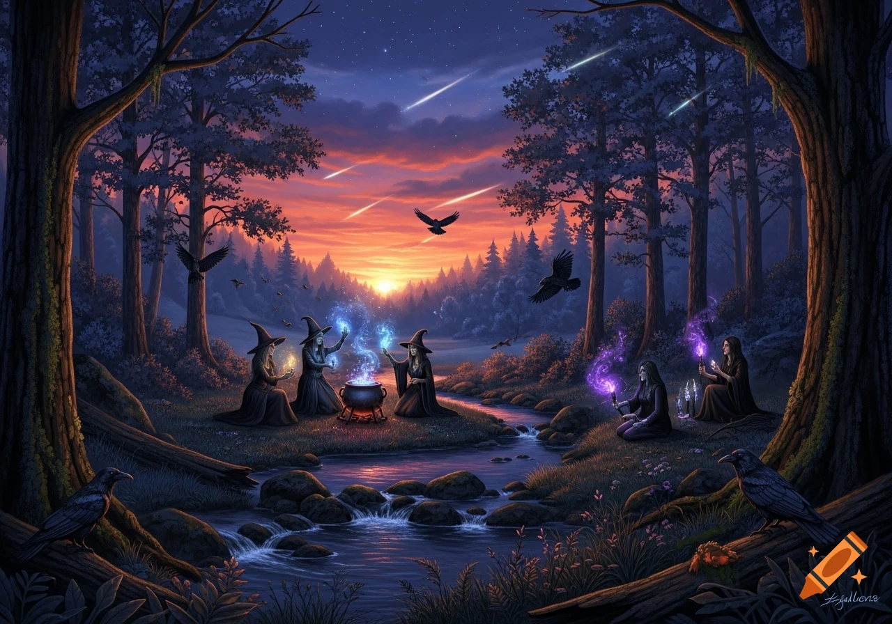 Several witches perform magic around a cauldron in a mystical forest at sunset, with a stream, flying crows, and shooting stars.