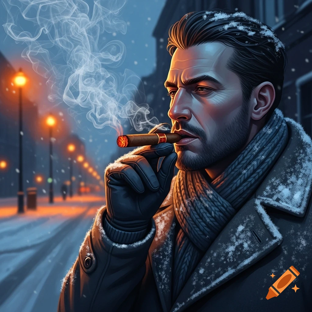 A man with a beard, wearing a coat and scarf, smokes a cigar in a snowy city street at night, with streetlights glowing.