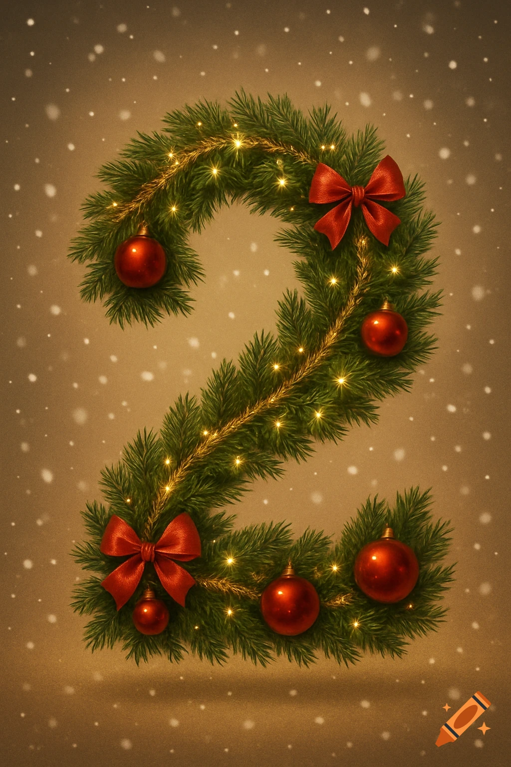 A Christmas-decorated number 2 made of evergreen garland, red ornaments, bows, and string lights, with falling snow in the background.