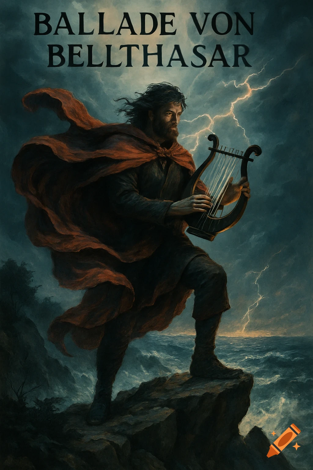 A man in a red cloak stands on a stormy cliff, holding a lyre, with lightning and rough seas. Text: "Ballade von Bellthasar."
