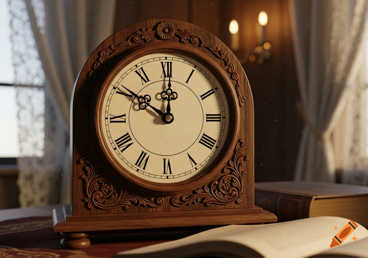 A photorealistic close-up of a vintage wooden mantel clock with Roman numerals displaying 12:20, next to open and closed books.