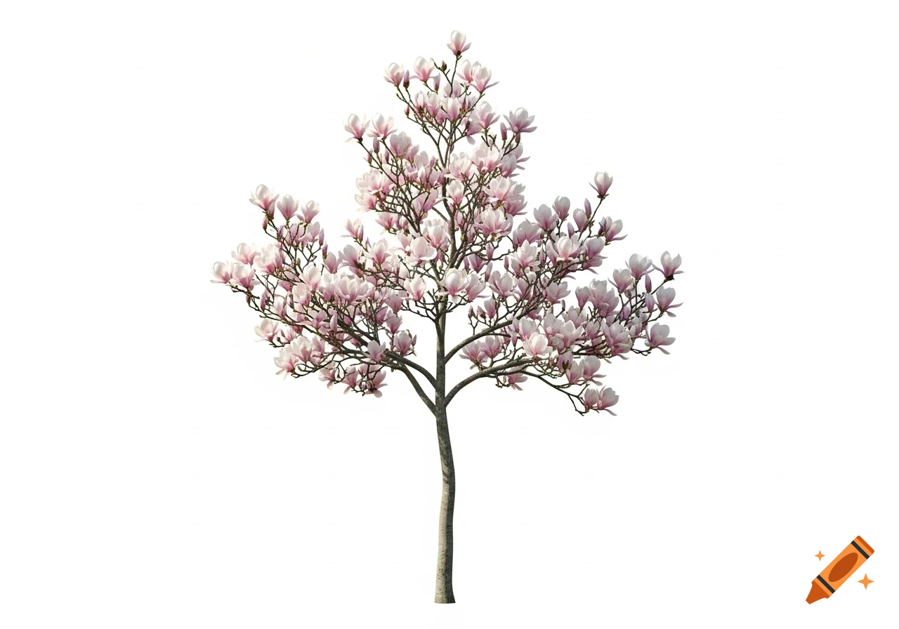 A full magnolia tree with pink and white blossoms stands against a pure white background, photorealistic style.