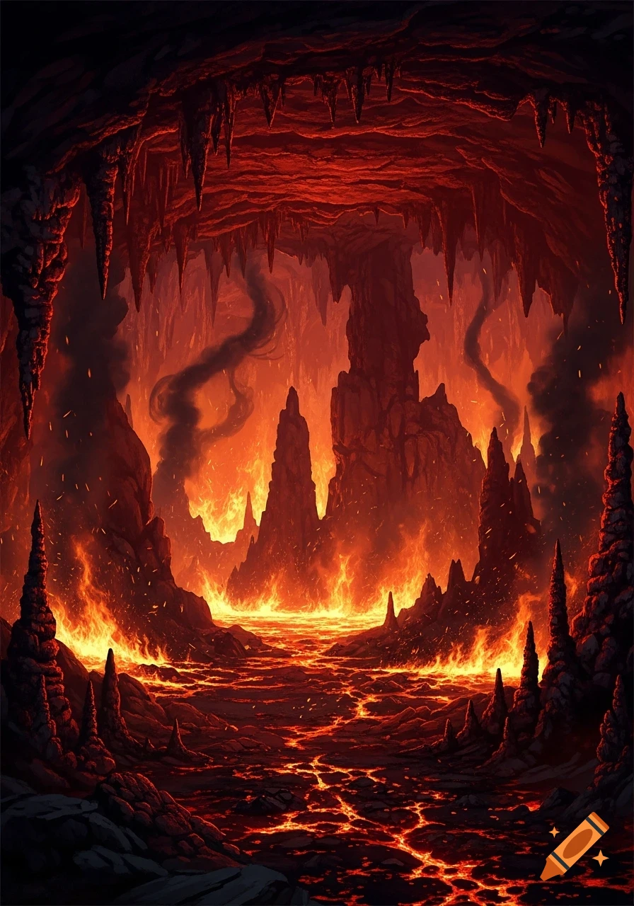 A dramatic fantasy art depiction of an underground cavern filled with glowing molten lava, sharp rock formations, and rising smoke.