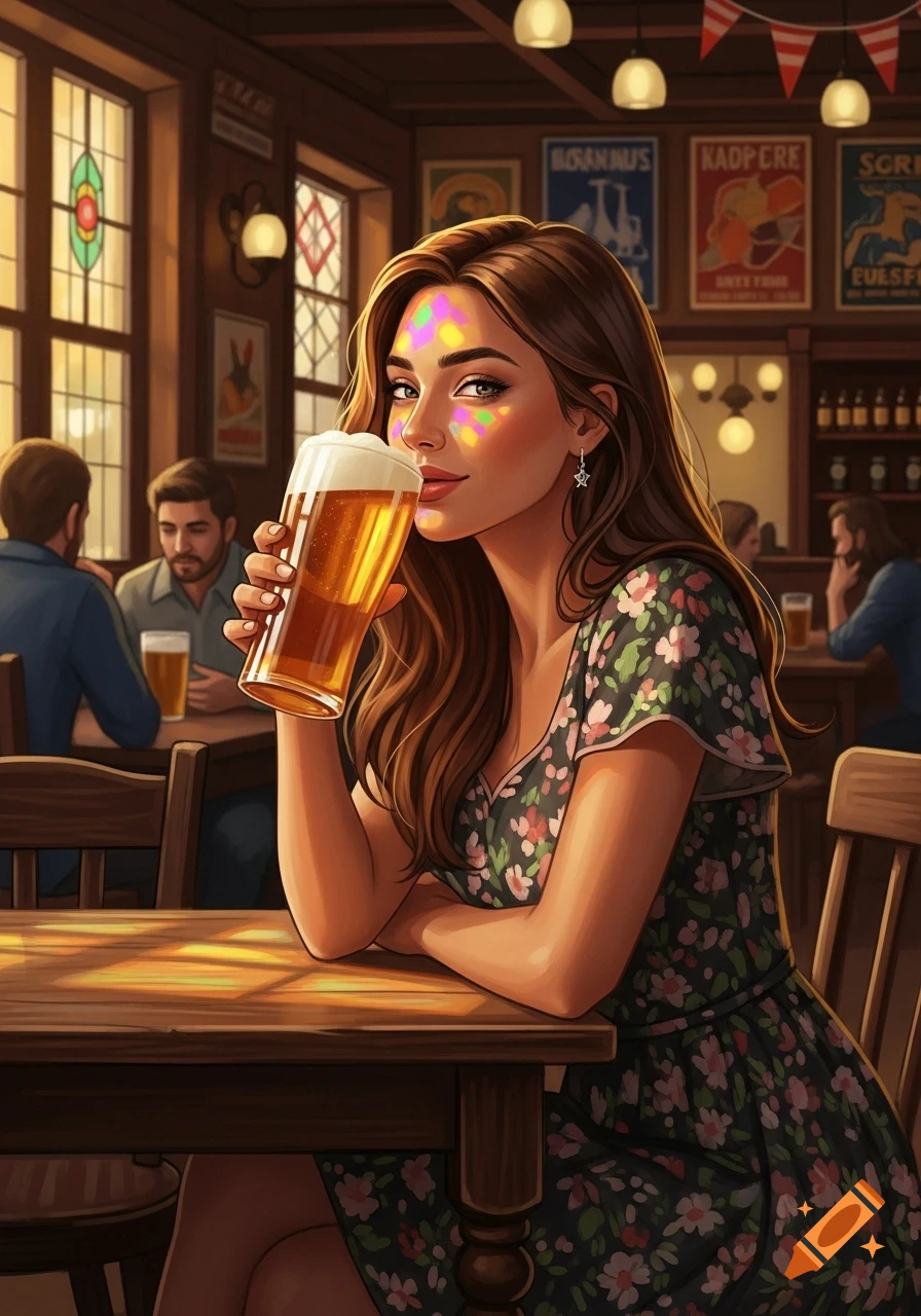 Stylized illustration of a woman with long hair and colorful glitter on her face, drinking a pint of beer at a wooden table in a busy pub.