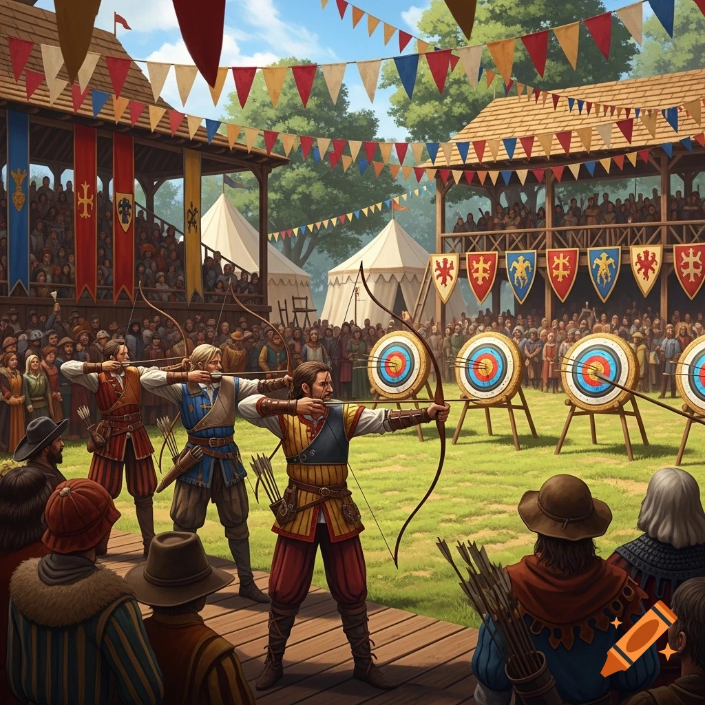 Three archers aim at targets during a bustling medieval tournament with a large audience and festive banners.
