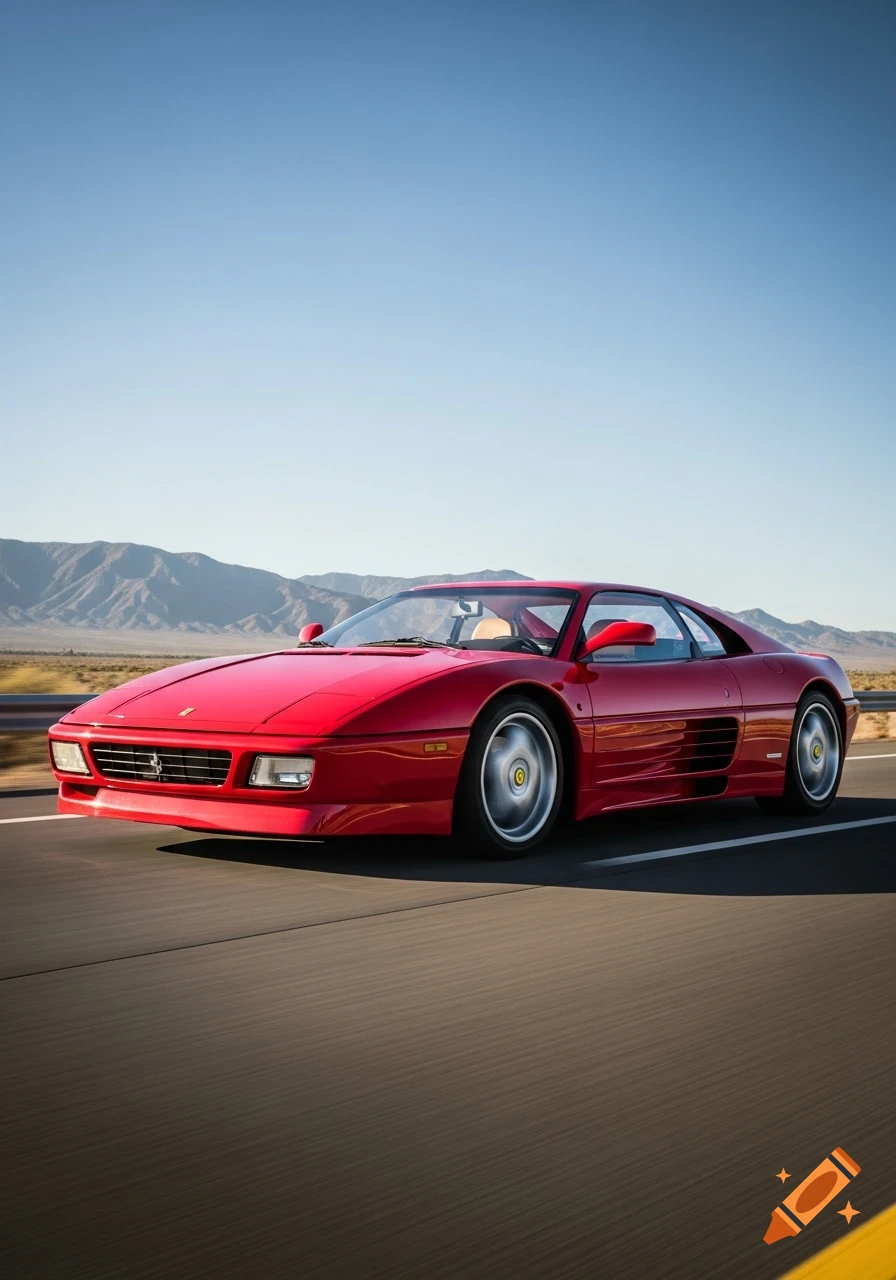 A red Ferrari 348 sports car speeds down a desert highway under a clear blue sky, with mountains in the background.