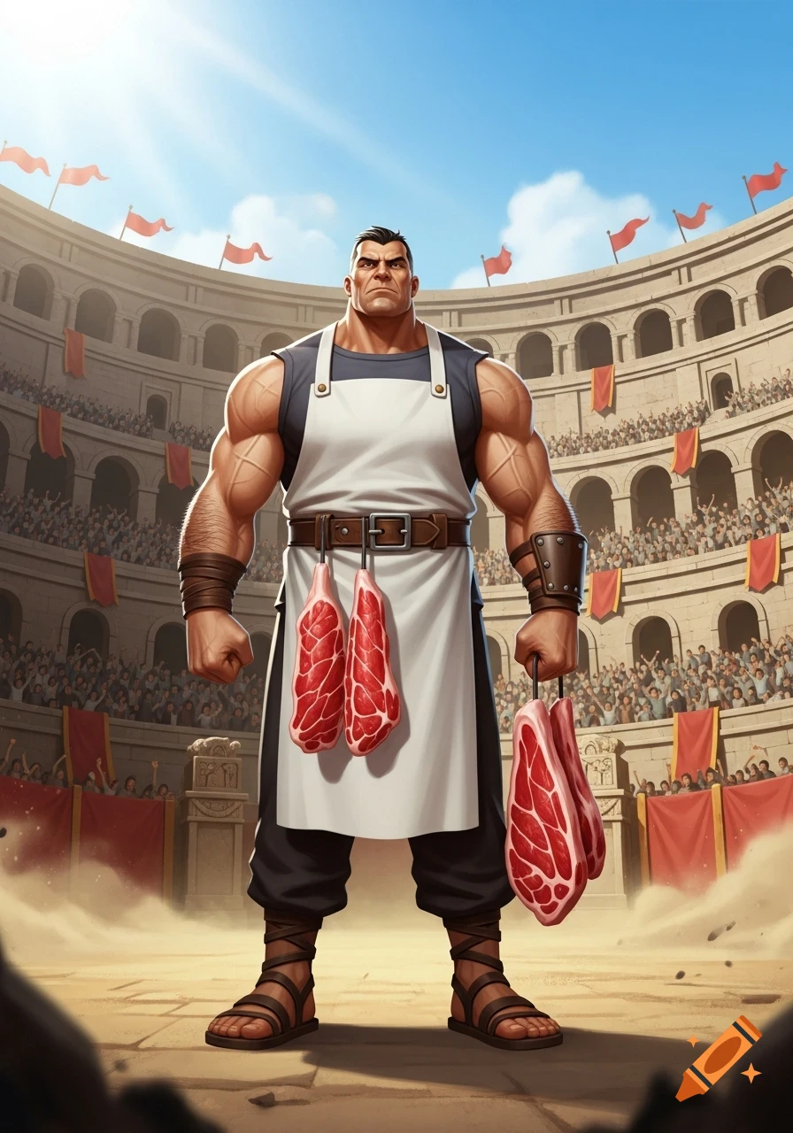 A muscular butcher in an apron and sandals stands in a Roman arena, holding raw meat, in a vibrant comic art style.