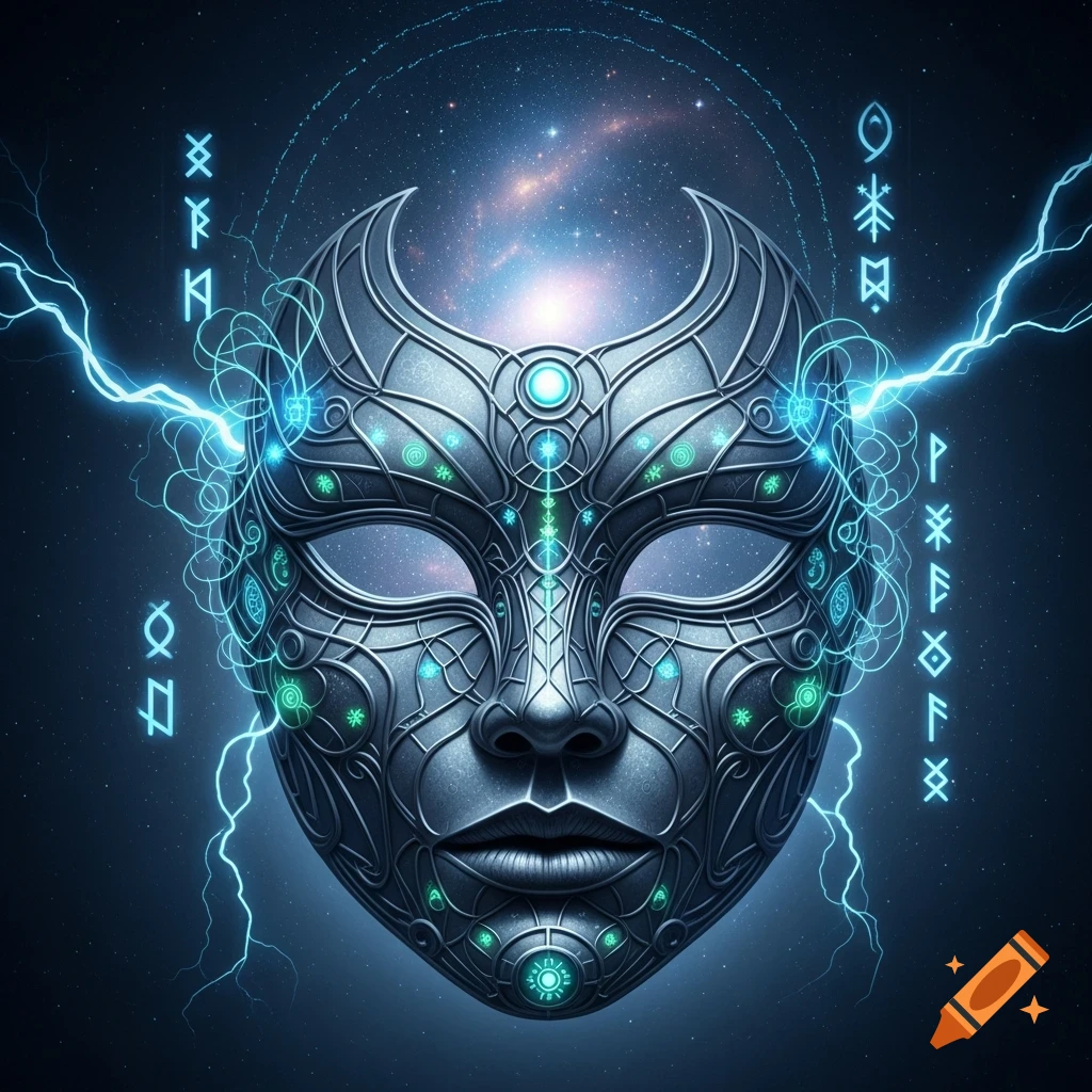 A detailed, metallic mask with glowing green accents and horn-like protrusions, flanked by bright blue lightning and glowing rune-like symbols, set against a dark, star-filled cosmic background.