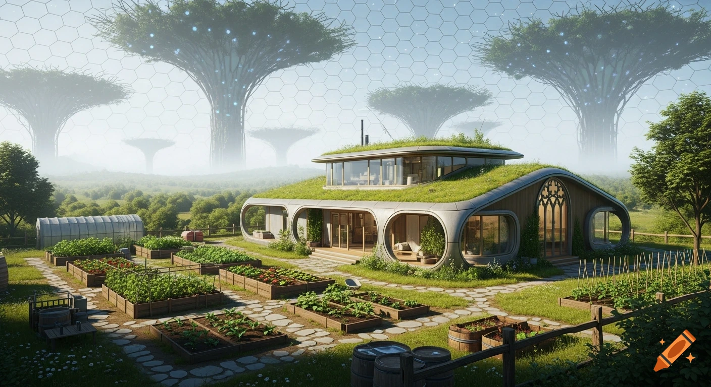 A solarpunk house with a green roof and vegetable gardens, surrounded by misty futuristic tree-spires under a hexagonal sky.
