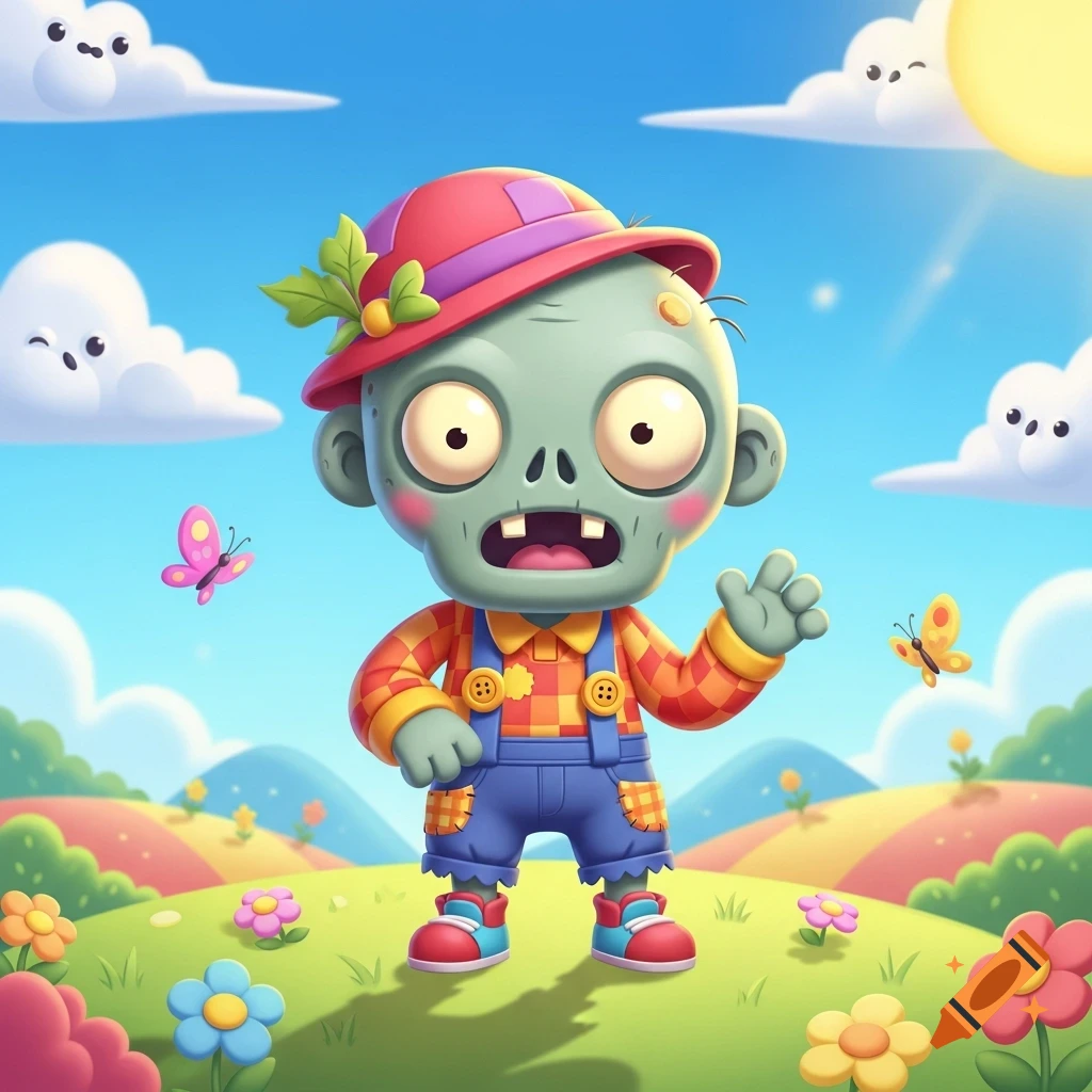 A cute, cheerful children's cartoon zombie in a red hat and overalls waves in a sunny, flowery landscape.