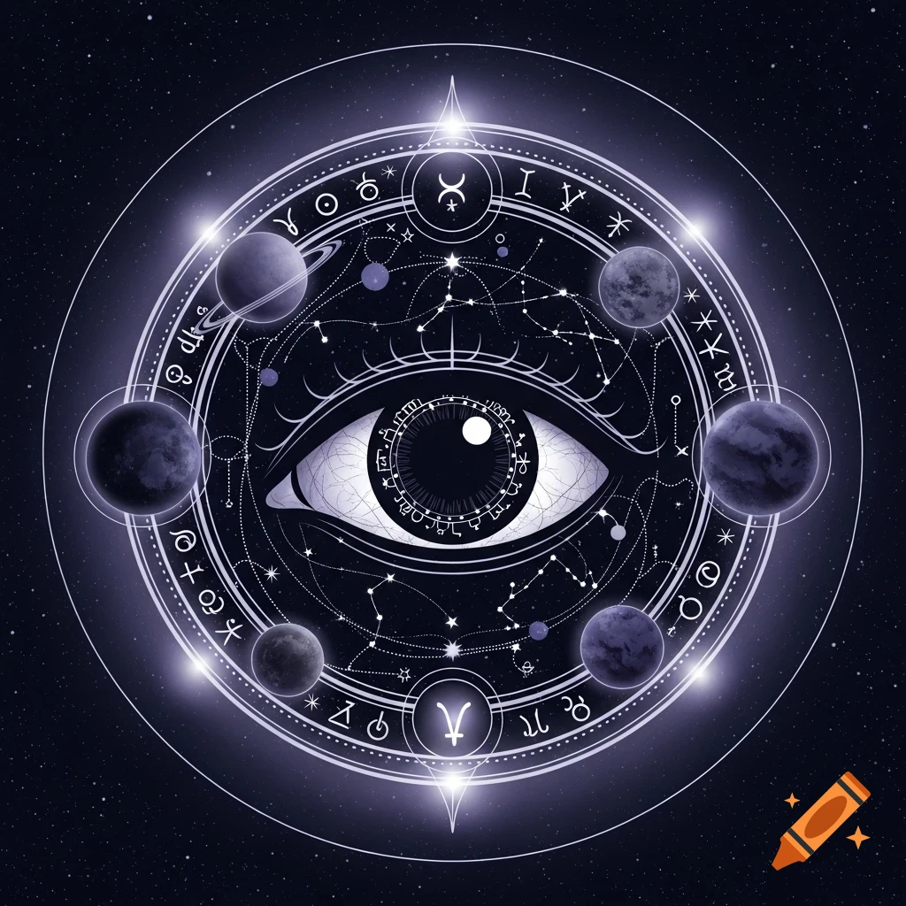 An ethereal eye at the center of a cosmic mandala, surrounded by planets and astrological symbols against a starfield.