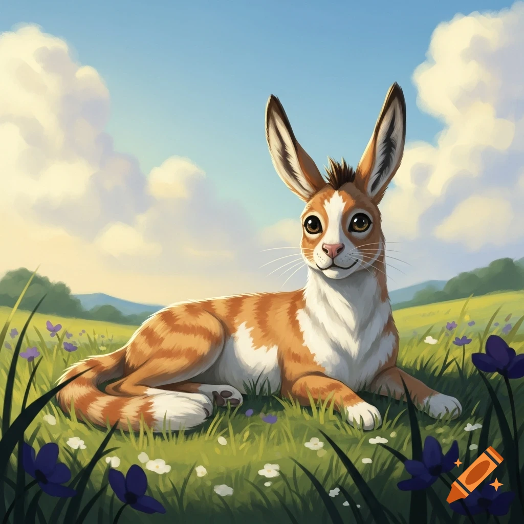 A hybrid creature with an orange tabby and white cat body, dog-like face, and long donkey ears lies in a grassy field with purple flowers under a blue sky.