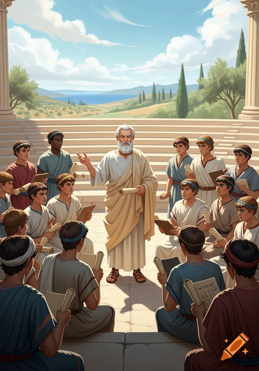 An old, bearded man in ancient robes teaches young students in an outdoor amphitheater overlooking a sea.