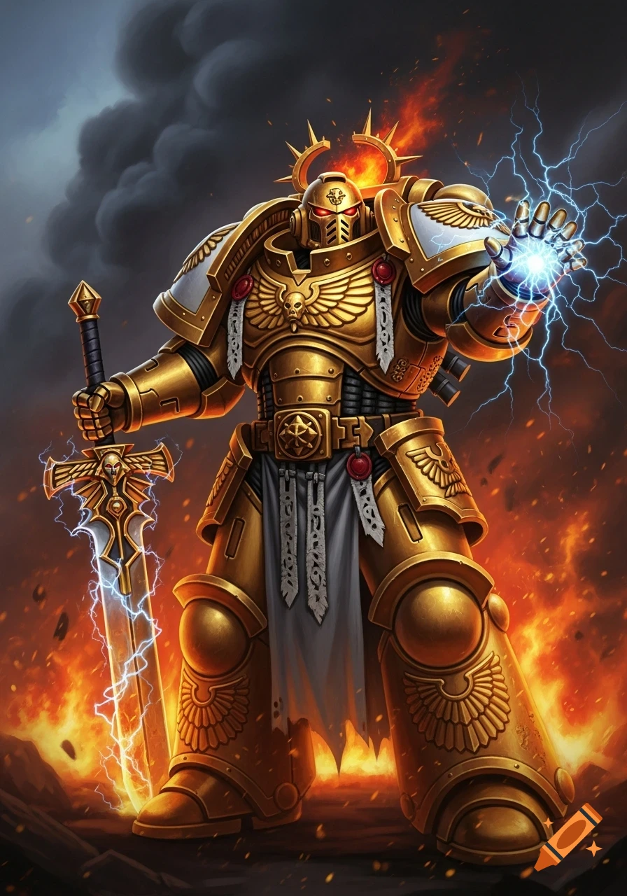 A golden armored warrior, like a Space Marine, stands in fire holding a large sword and radiating blue lightning from his hand.