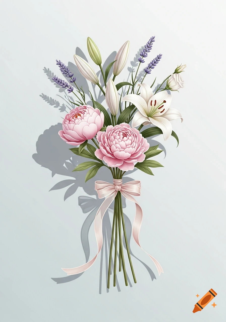 A minimalist illustration of a bouquet with pink peonies, white lilies, and lavender tied with a pink ribbon on a light blue background.