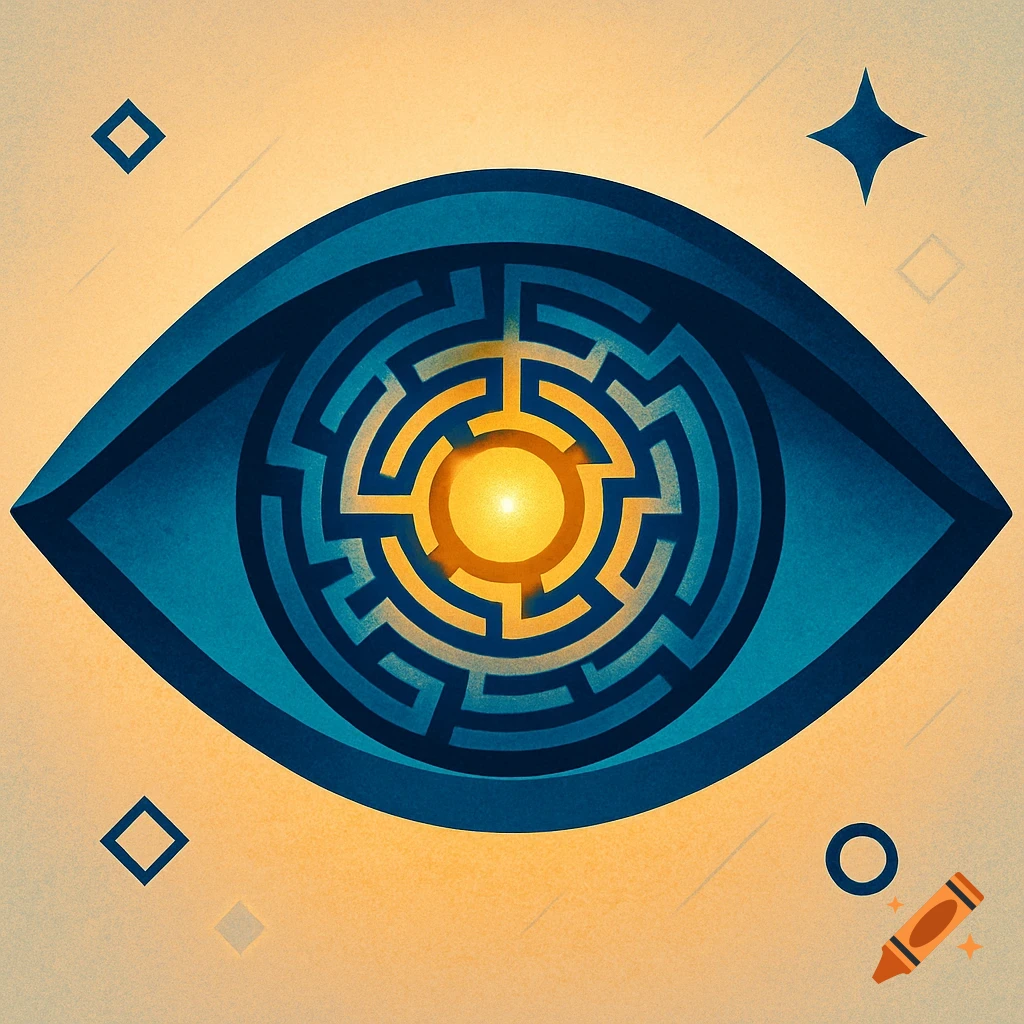 A stylized blue eye with a yellow maze as its iris, glowing from within, on a textured beige background with small geometric shapes.