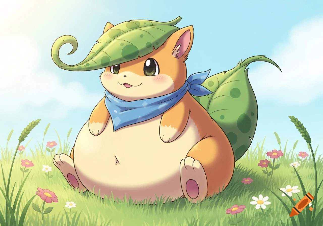 A cute, chubby, orange-yellow creature like Chikorita, with a leaf hat and tail, wearing a blue bandana, sits in a sunny flower meadow.