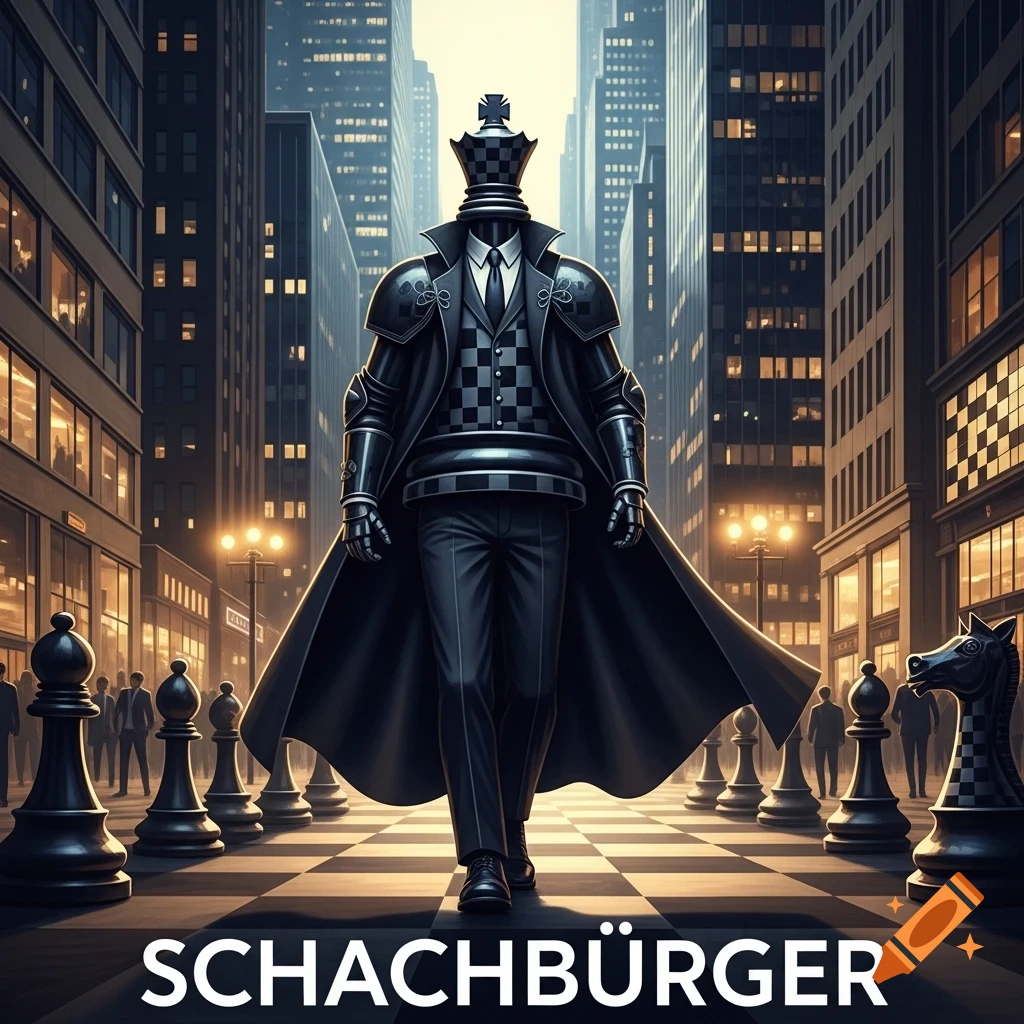 A regal chess king figure in a trench coat walks down a cityscape street, designed as a chessboard with other pieces.