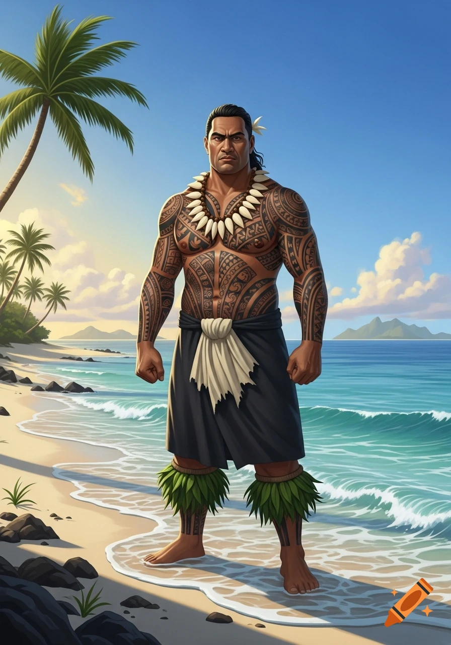 A strong Polynesian man with intricate traditional tattoos and a shell necklace stands on a sunny beach with palm trees and ocean waves.