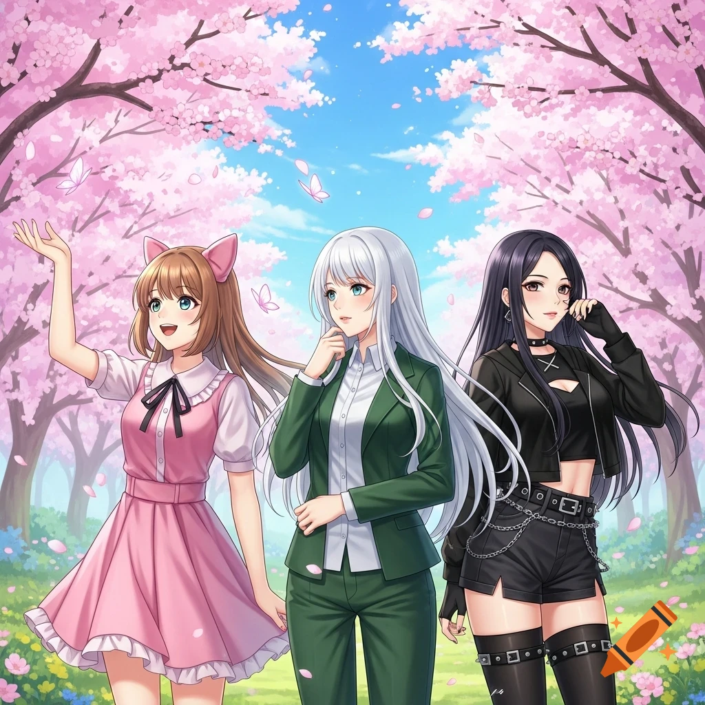 Three anime girls in a cherry blossom park, wearing pink, green, and black outfits, with falling petals and butterflies.