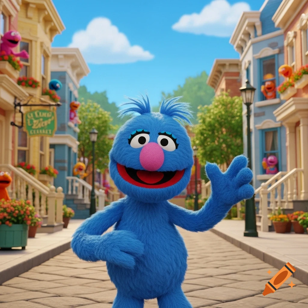 A blue furry Grover-like character with eyelashes waves on a sunny, cartoon Sesame Street with other muppets.