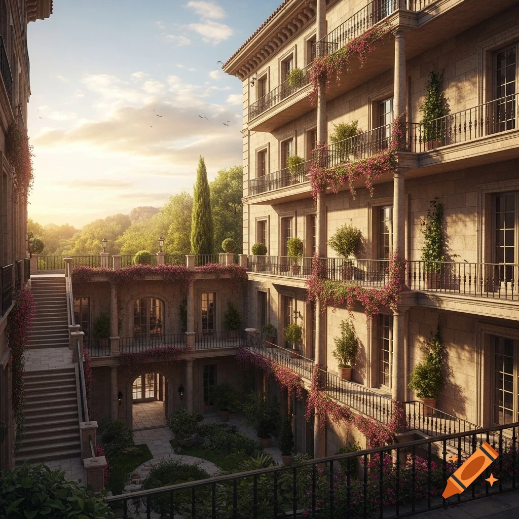 Photorealistic image of a grand multi-story building with a central courtyard, staircases, and flowering vines under a sunset sky.