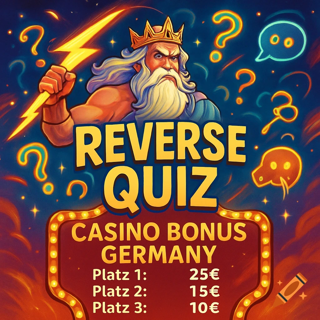 Digital illustration in a comic style of a mythological deity with a crown holding a lightning bolt, promoting a "Reverse Quiz Casino Bonus Germany" event with prize details.