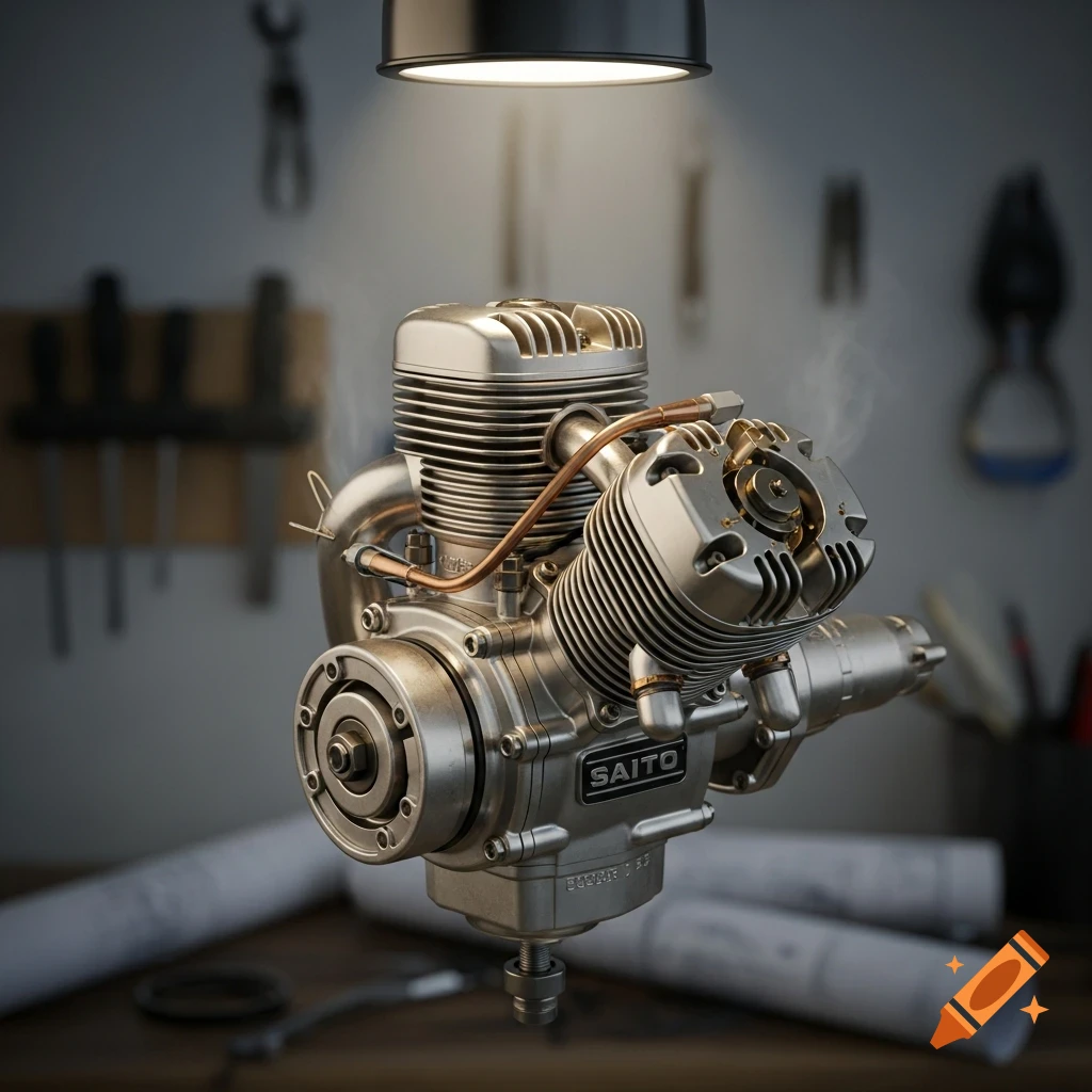 Photorealistic chrome and copper model airplane engine under a spotlight in a workshop, with blueprints.