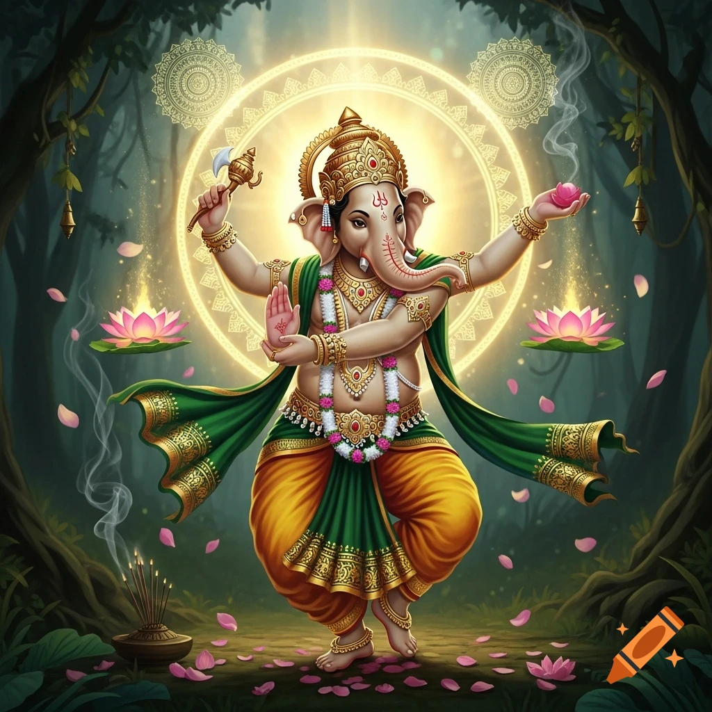 A vibrant, richly detailed illustration of the Hindu deity Ganesha dancing in a mystical forest, surrounded by glowing lotus flowers and golden light.